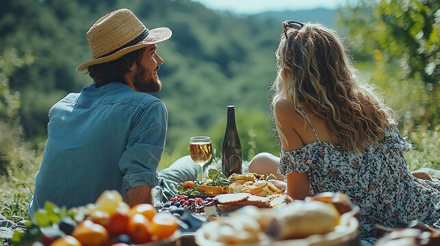 Couple enjoying a romantic picnic lunch outdoors with a spread of food and drinks