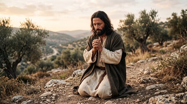 Jesus Christ kneeling in prayer on a rocky hillside with olive trees and a winding road in the background at sunset