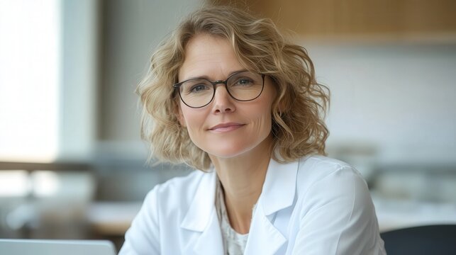 Woman wearing glasses with curly hair and a white lab coat.
