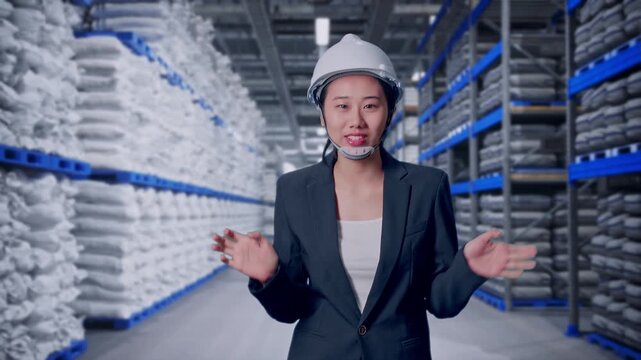 Front View of Asian Businesswoman Walking and Speech at Warehouse storage with stacked white sacks