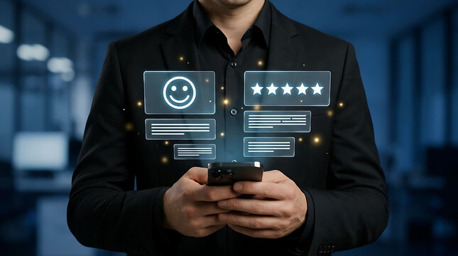 Businessman using smartphone for five star customer feedback and excellent review