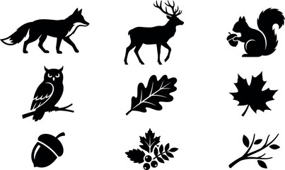 Fototapeta premium Autumn-themed vector illustrations of animals, leaves, and nature symbols in line art style