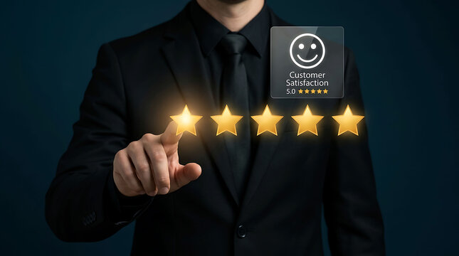 Businessman touching five star rating for excellent customer satisfaction evaluation