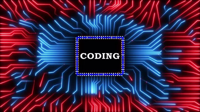 Digital processor chip glowing with neon circuits and coding text in dark background.