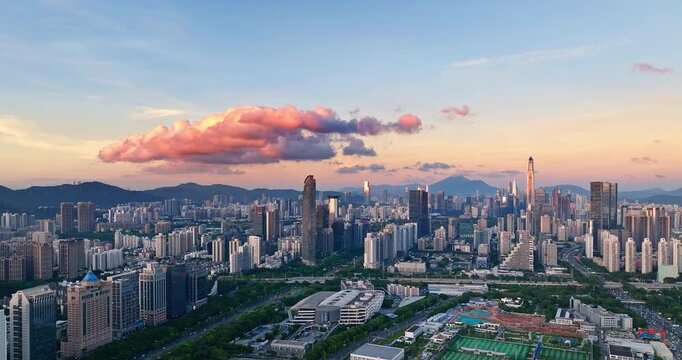 Aerial view of modern skyscrapers and the financial district at sunset in Shenzhen, China