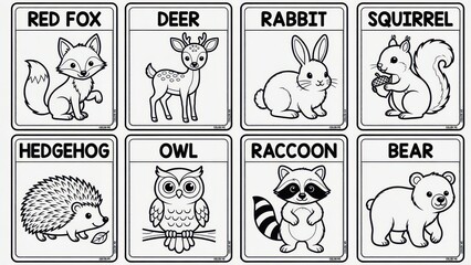 Fototapeta premium Educational coloring pages featuring eight distinct forest creatures including foxes and bears with labeled names to help children learn biology through creative artistic activities in classrooms