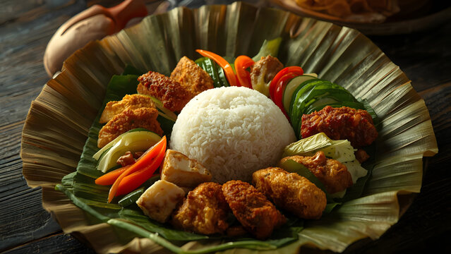 Delicious Nasi Lemak served on banana leaf with fried chicken, vegetables and rice