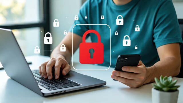 Cybersecurity protection concept with red padlock icon, secure data encryption, online safety and privacy on laptop and smartphone devices.