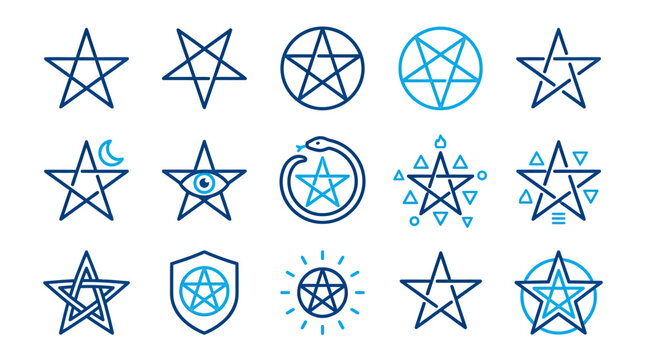 Collection of occult symbols featuring pentagrams and stars in blue and white