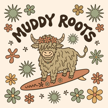 Cartoon bull on a surfboard smiling.