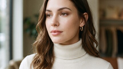 Fototapeta premium Young Woman with Brown Wavy Hair Wearing a Cream Turtleneck and Gold Hoop Earrings Looking Away