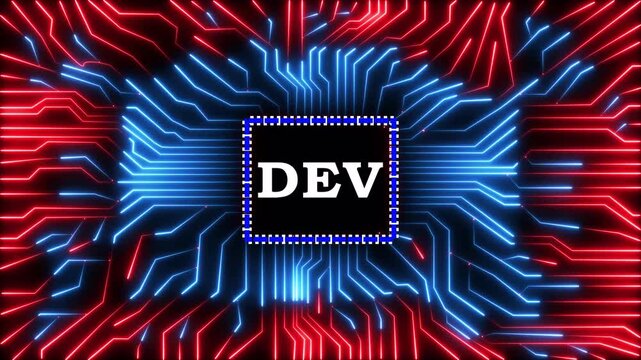 Neon dev text inside a blue and red pulsating circuit board with glowing lines.