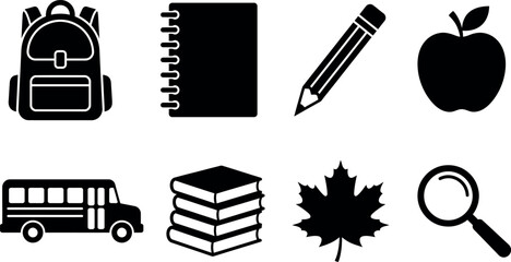 Fototapeta premium Autumn Scene Illustration with Backpack, Notebook, Apple, Bus, Books, Maple Leaf, and Magnifying Glass