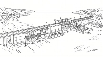 Fototapeta premium Renewable energy line art of hydroelectric power plant dam with renewable hydroelectric industry