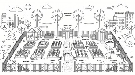 Obraz premium Renewable energy line art of urban garden and sustainable infrastructure with renewable, community