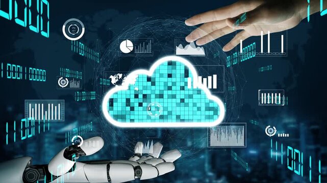 This image showcases a futuristic cloud computing concept where a robotic hand interacts with digital data visualizations, symbolizing innovation in technology and automation. Xenic