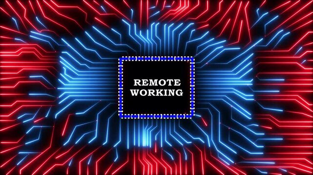 Digital processor animation displaying remote working text over glowing neon circuit.