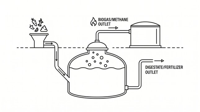 Renewable energy line art of biogas digester system diagram with renewable digester conversion