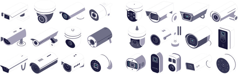 Isometric CCTV Security Camera Vector Icon Collection with Various Modern Surveillance Device Types for Safety and Monitoring © MDEsmayil