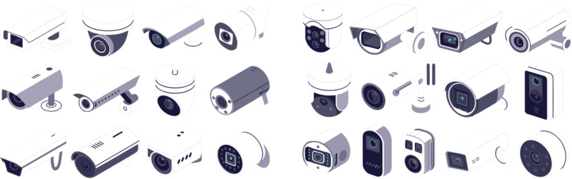 Isometric CCTV Security Camera Vector Icon Collection with Various Modern Surveillance Device Types for Safety and Monitoring