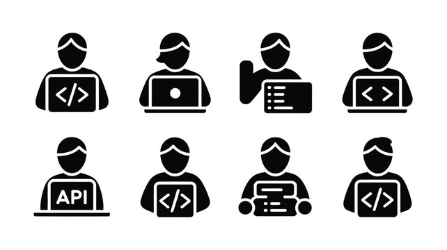 Modern black and white icons depicting diverse software developers collaborating through coding api integration