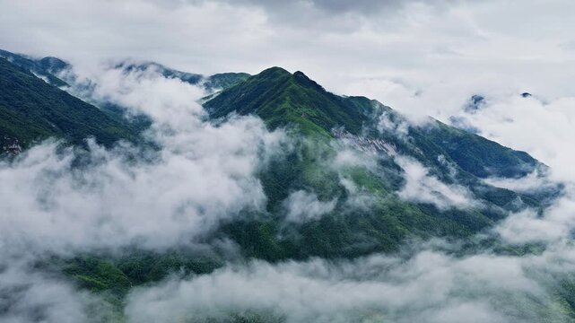 Aerial view of lush green mountains covered in thick white fog and clouds in Guizhou, China.
