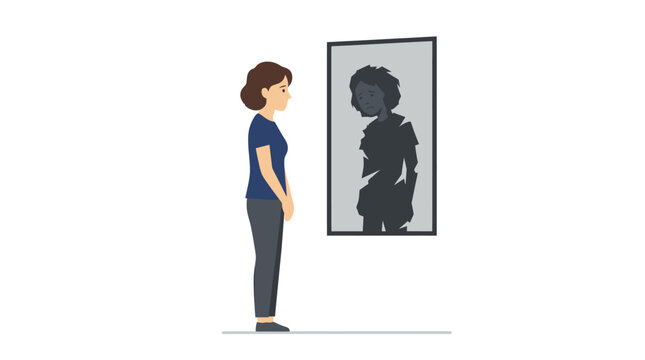 Woman looking in mirror at dark distorted reflection.