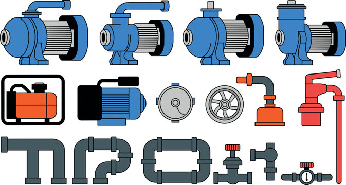 Water Pump Vector Set with Electric Motor, Generator, Pipes, Valves and Fittings Illustration for Industrial and Plumbing Equipment Design