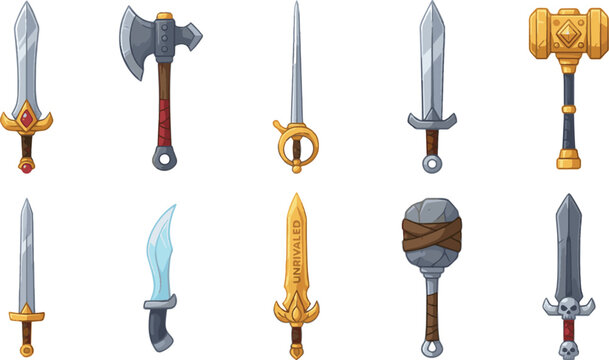 cartoon medieval fantasy swords and axes for games  various weapons