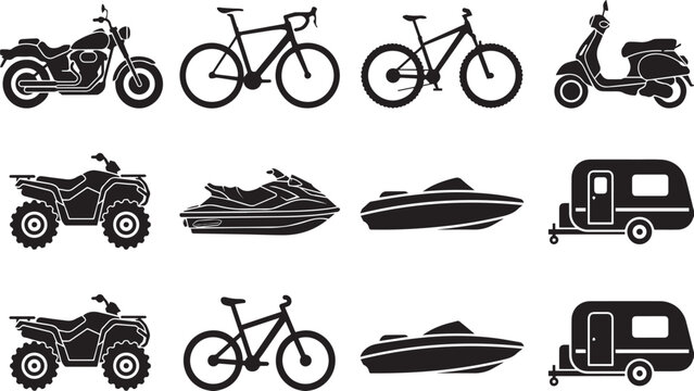 set of various vehicles for transportation and recreation