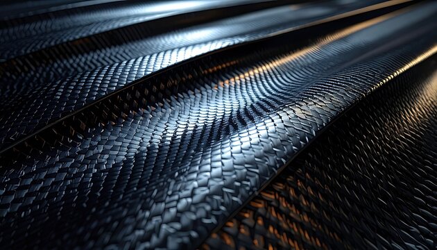 Abstract textured surface with a wave pattern, dark metallic blue and gold lighting, suitable for backgrounds or technological concepts