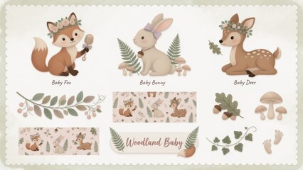 Fototapeta premium Watercolor woodland animals collection featuring a cute fox a bunny and a dappled fawn surrounded by forest mushrooms and botanical leaves perfect for nursery room wall art decor and baby themes
