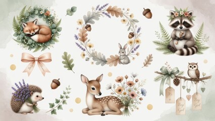 Fototapeta premium Watercolor forest creatures such as a sleeping fox and a cute fawn with woodland flora and floral garlands create a charming theme for nursery decor projects and festive baby shower celebrations