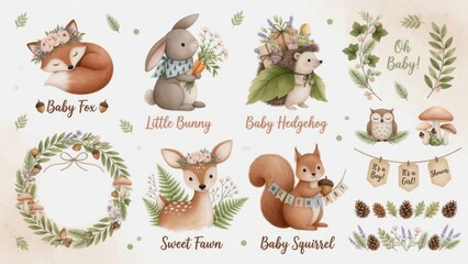 Fototapeta premium Watercolor woodland animals featuring a fox bunny hedgehog fawn and squirrel with floral wreaths and birth announcement banners for delightful nursery room decor and party stationery design proje