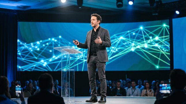 Confident male speaker presenting on stage with digital network background at a conference event