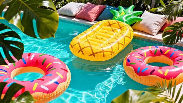 Pool with inflatable floats and tropical plants