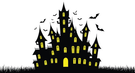 Spooky haunted castle silhouette with glowing windows and flying bats for Halloween. © dori