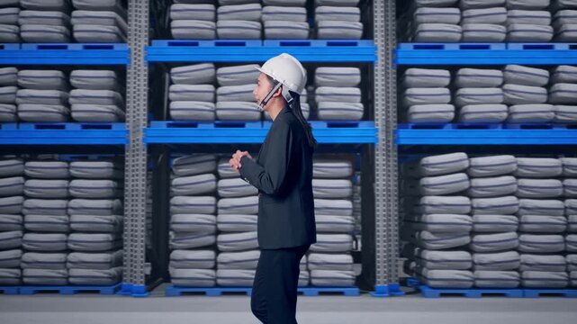 Side View of Asian Businesswoman Walking and Speech at Warehouse storage with stacked white sacks