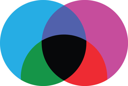 Abstract geometric venn diagram template vector illustration featuring two overlapping cyan and magenta circles creating dark intersections isolated on white background