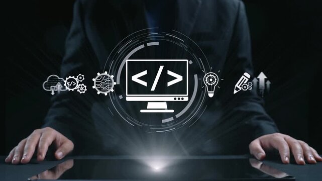 Modern web development concept featuring coding symbols, web development process, web development interface, and web development tools with futuristic design. Elide