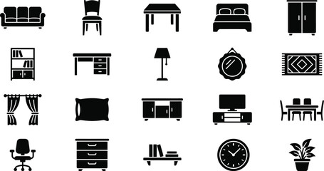 Home furniture and interior decor icons set with furniture interior bookshelf television © ROP