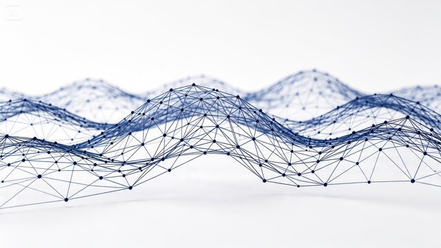 Abstract digital network background featuring connected nodes and lines forming wave patterns, representing big data, artificial intelligence, neural networks