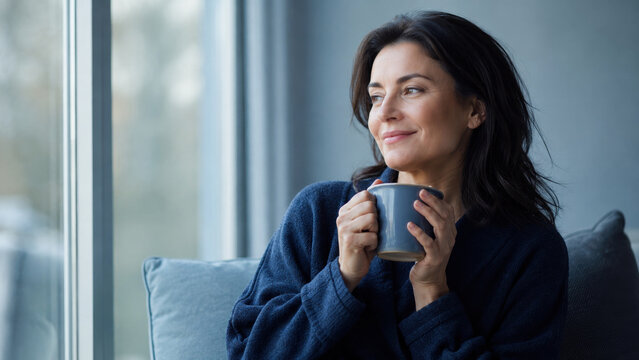 Woman holding mug by window at home