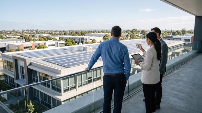 Business team discussing renewable energy project on rooftop overlooking solar panels