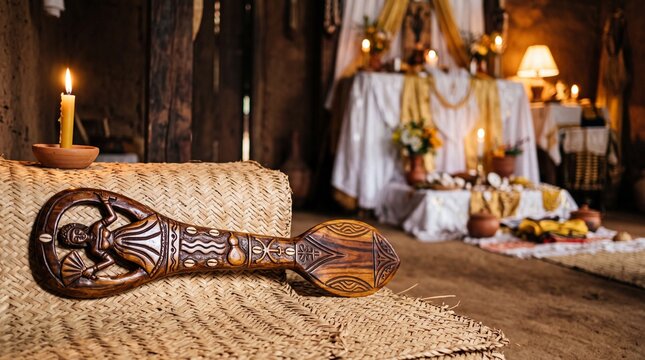 Traditional Yoruba carved wooden ritual object on a woven mat in a sacred shrine with lit candles
