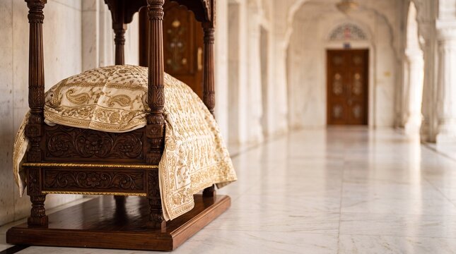 Ornate wooden Palki Sahib covered with gold embroidered cloth inside a white marble Gurdwara hallway