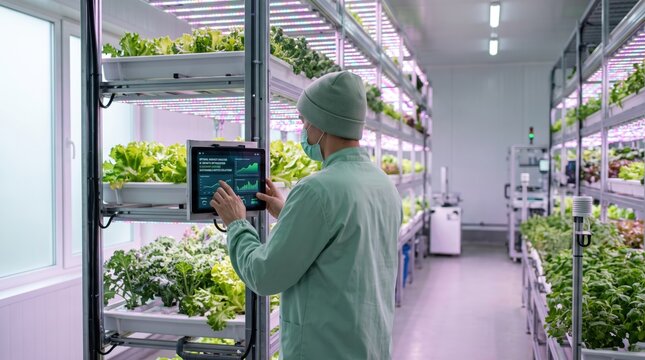 Technician monitoring hydroponic vertical farm system with tablet. Modern agriculture technology, indoor gardening