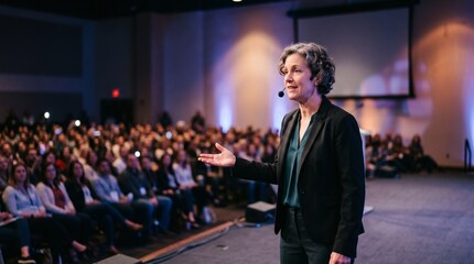 Fototapeta premium Confident Female Speaker Addresses Engaged Audience in Auditorium with Stage Lighting