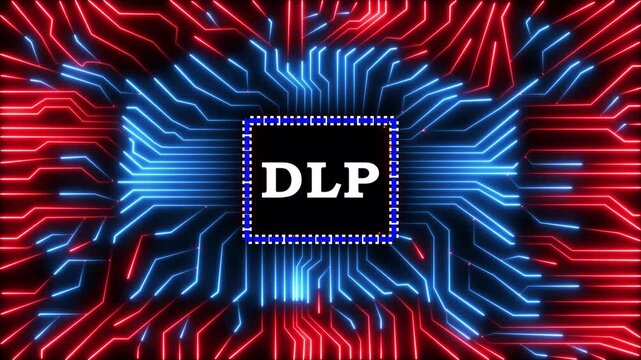 Data loss prevention chipset animation with glowing red and blue circuit traces.