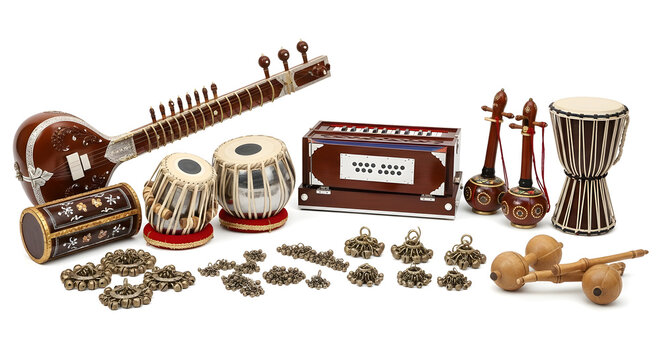 A collection of traditional Indian musical instruments on display includes a tanpura, tabla, and mridangam with various accessories.